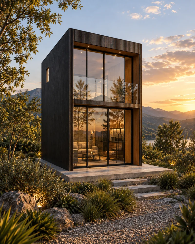 Chalé Mirante, 2 pavimentos, 48 m², em steel frame, ao entardecer na serra.