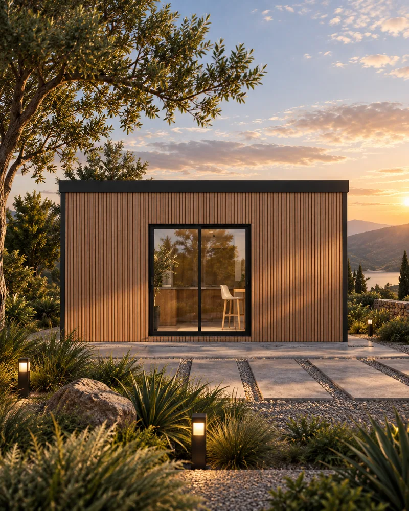 Chalé Vale, Térreo, 36 m², em steel frame, ao entardecer na serra.