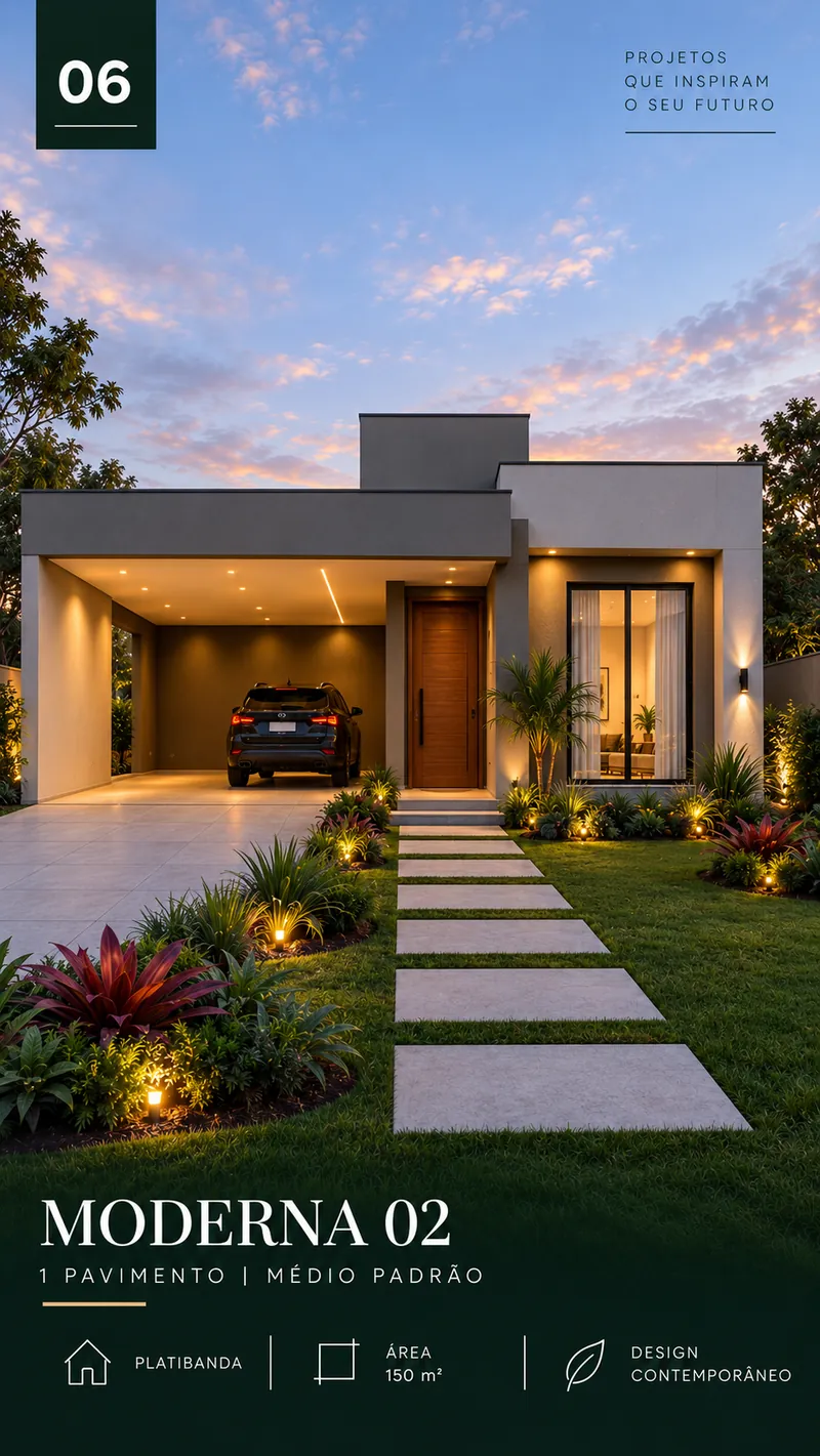 Moderna 02: casa de 1 pavimento e 150 m² com platibanda, fachada iluminada ao entardecer.