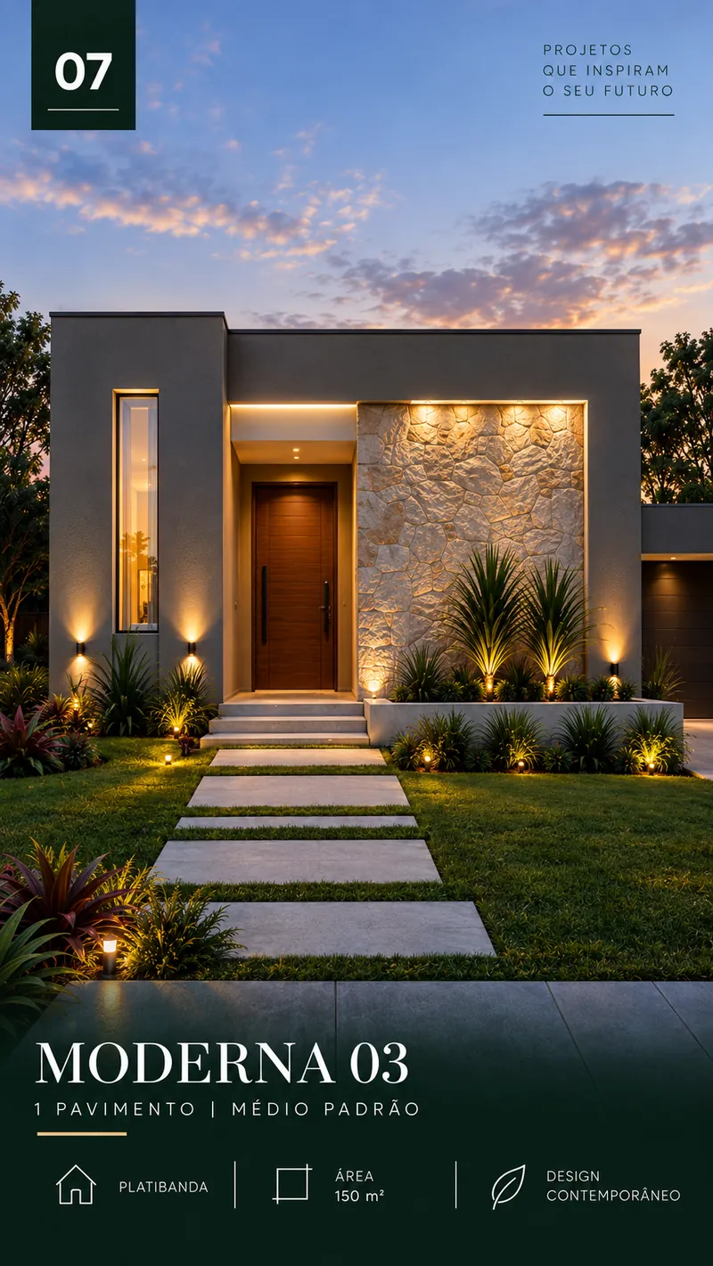 Moderna 03: casa de 1 pavimento e 150 m² com platibanda, fachada iluminada ao entardecer.