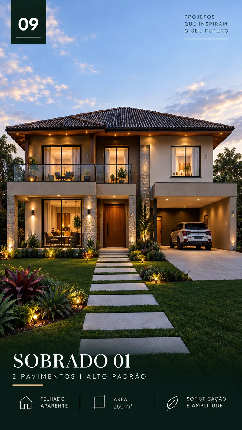 Sobrado 01: casa de 2 pavimentos e 250 m² com telhado aparente, fachada iluminada ao entardecer.
