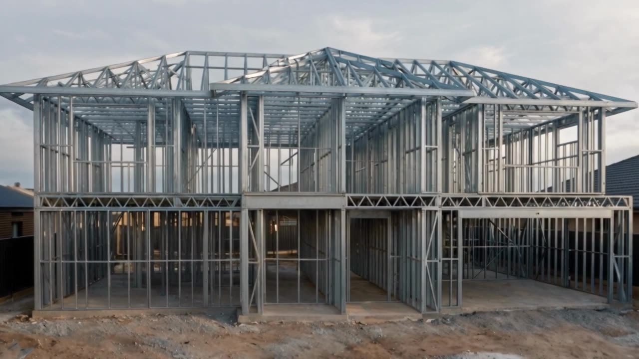 Estrutura completa de um sobrado em steel frame, com treliças de telhado montadas.